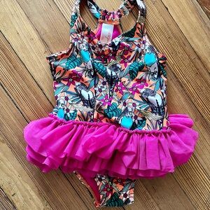 Cat & Jack Tropical Print Kids Swim One Piece with Pink Ruffle